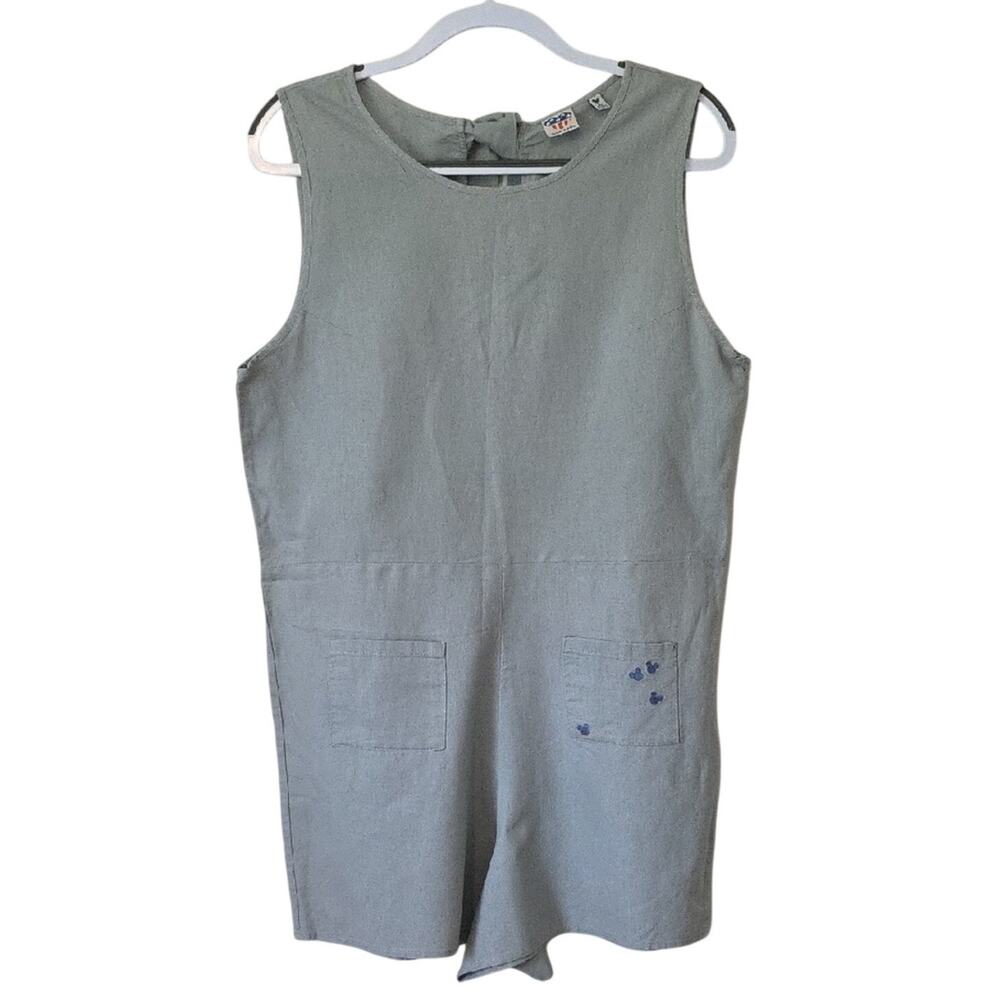 Disney Junk Food Sz L Gray Y2K Romper Linen Blend Mickey Mouse Ears Pockets